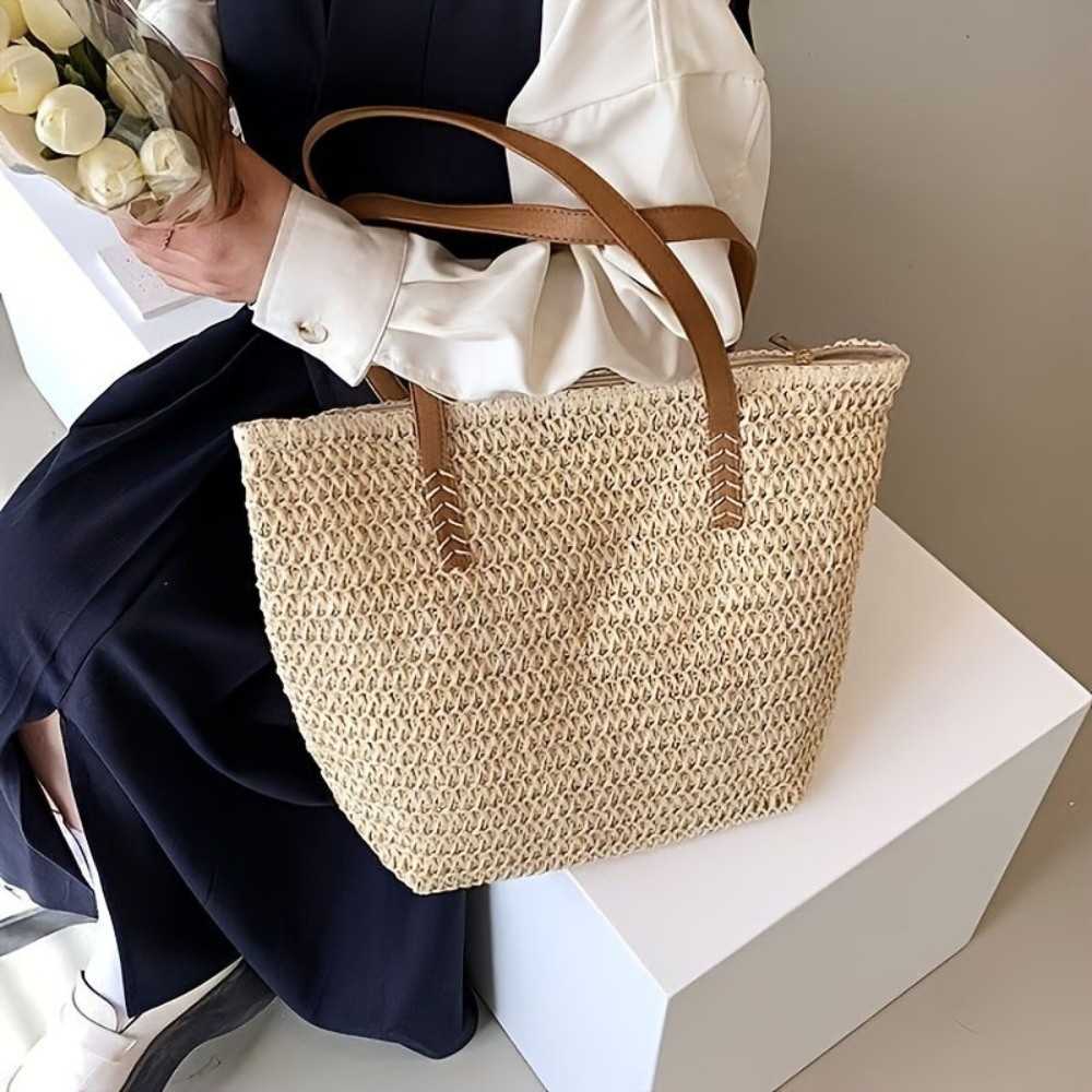 Beach Bag Straw - Модная однотонная плетеная сумка-тоут из соломки,