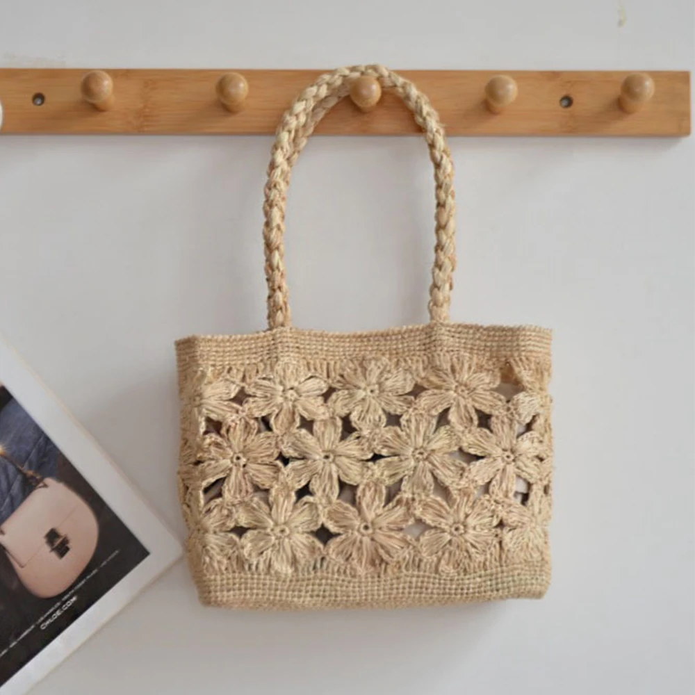 Beach Bag Straw - Богемная соломенная сумка с цветком, большая