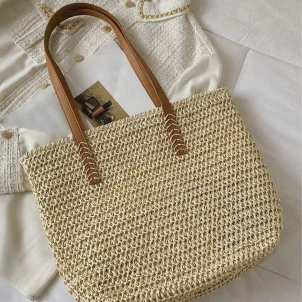 Beach Bag Straw - Милая однотонная плетеная сумка-тоут из соломки,